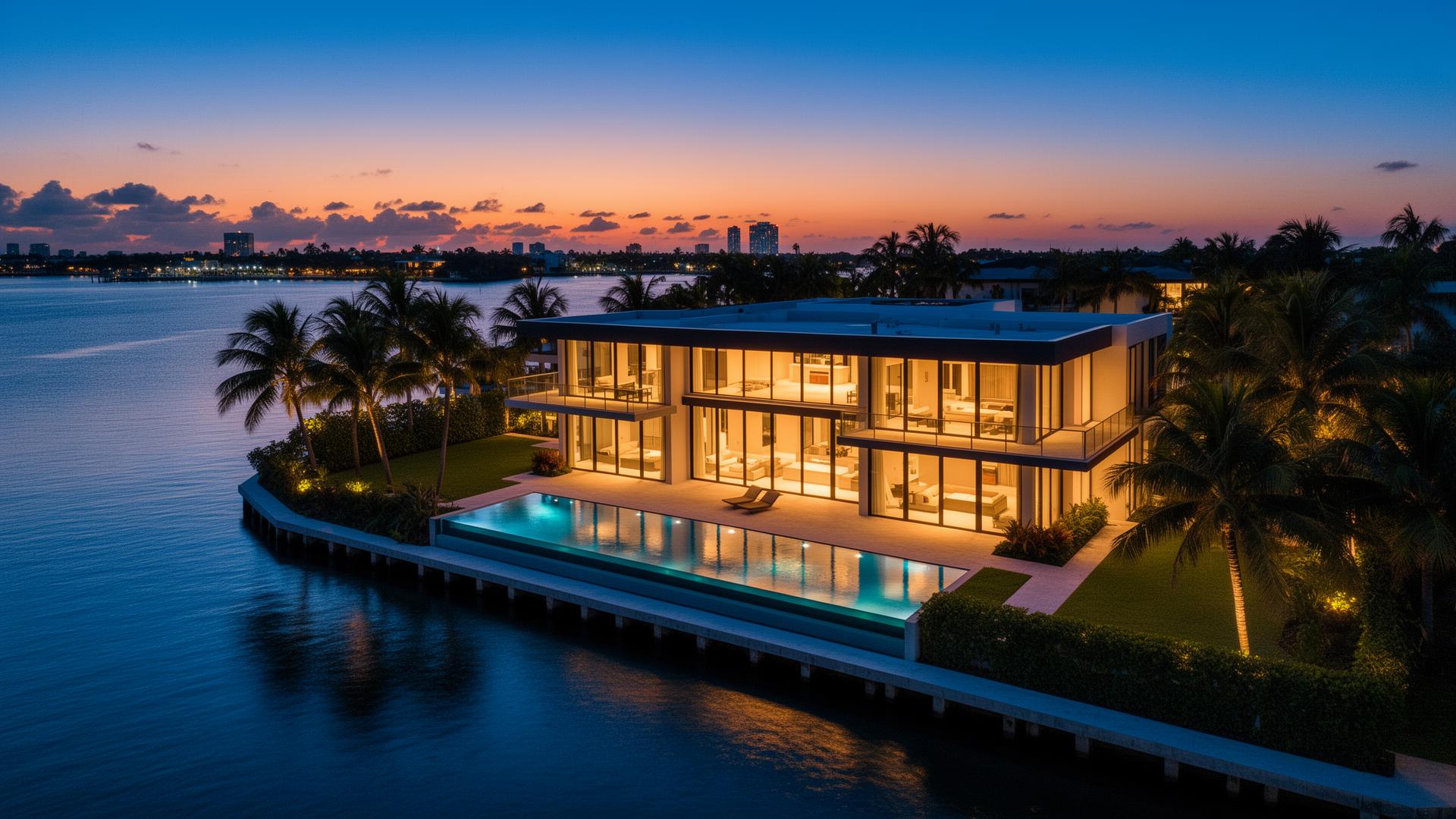 MM Realty — luxury Miami waterfront mansion at twilight