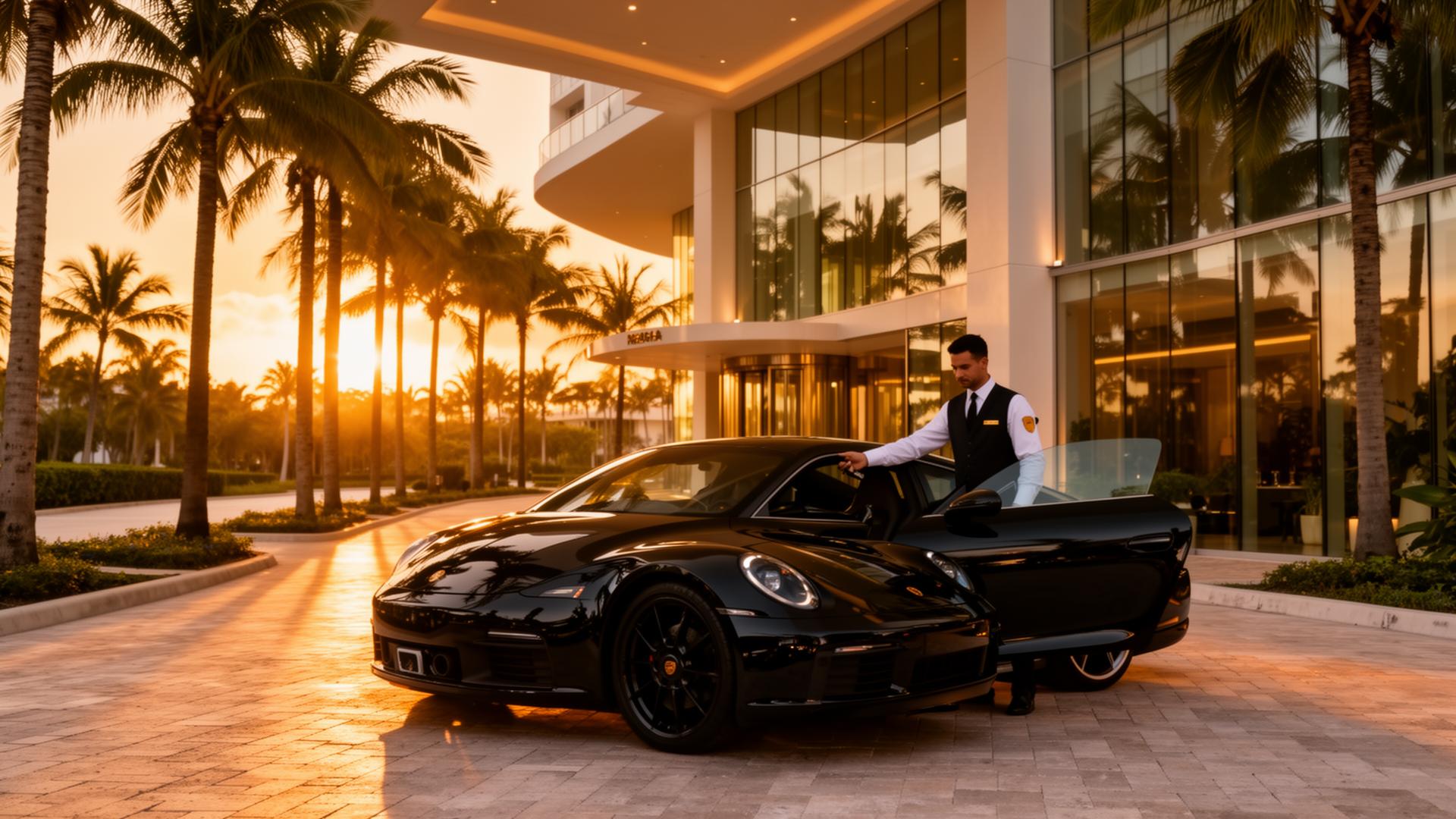 MM Rentals — luxury Porsche at a Miami hotel entrance at golden hour